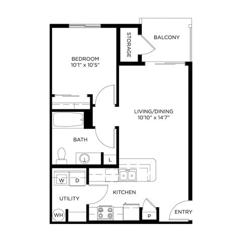 Floor plan for 1 bed, 1 bath, 638 sqft
